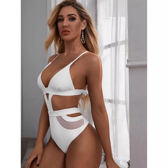 NWT cut out swimsuit XL M S white sexy monokini mesh high leg cage cut out mesh - Picture 4 of 8